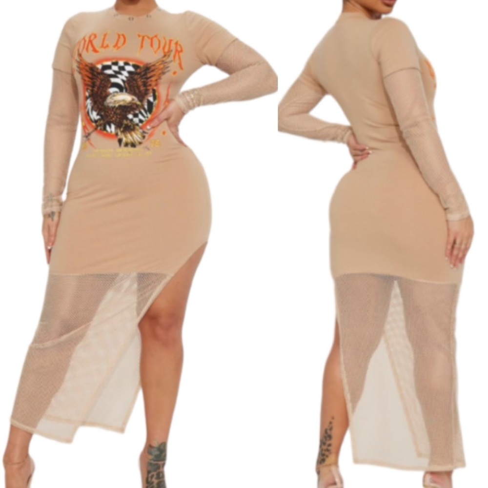 Fashion Nova Graphic Mosh Pit Maxi Dress Mocha High Neck Grommet Collar Size XS